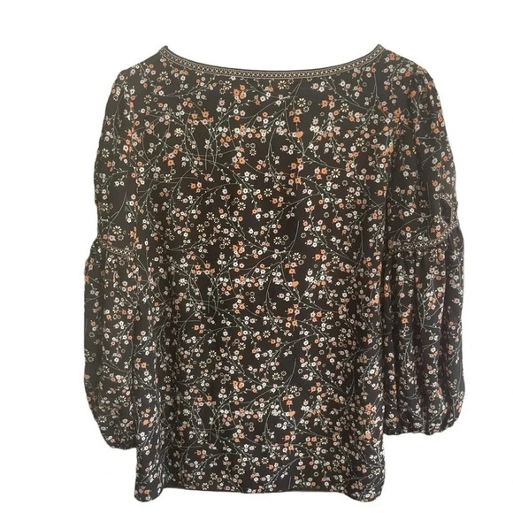 Max Studio Black Floral Print Blouse Size Small Teacher Balloon Sleeve - Picture 4 of 7